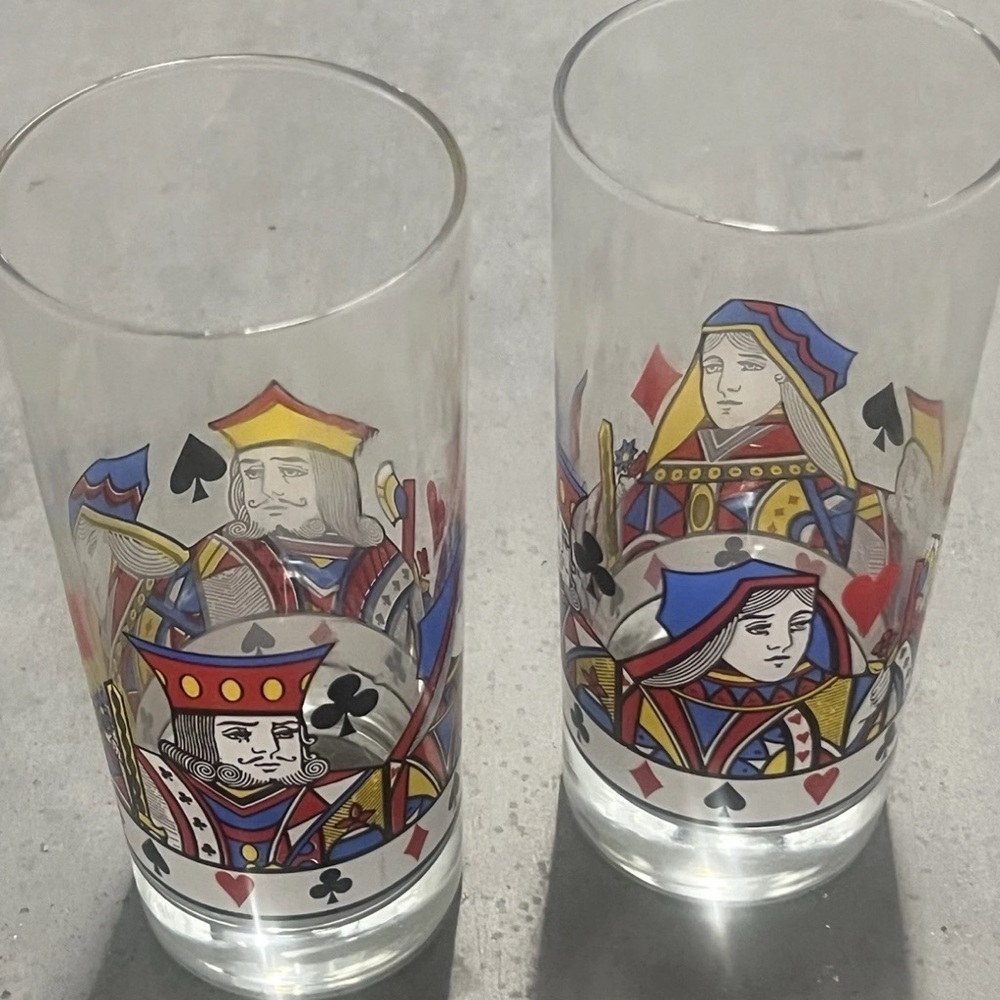 Set of 2 Vintage Libby “King and Queen Playing Card Graphic” Tall Drink Glasses
